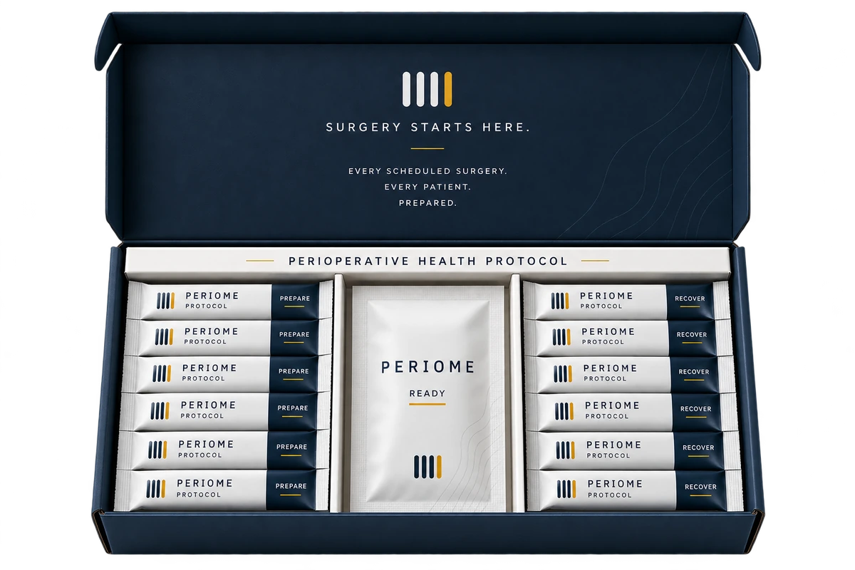 The Perioperative Health Protocol: an open box holding PREPARE doses on one side, READY in the centre, and RECOVER on the other.