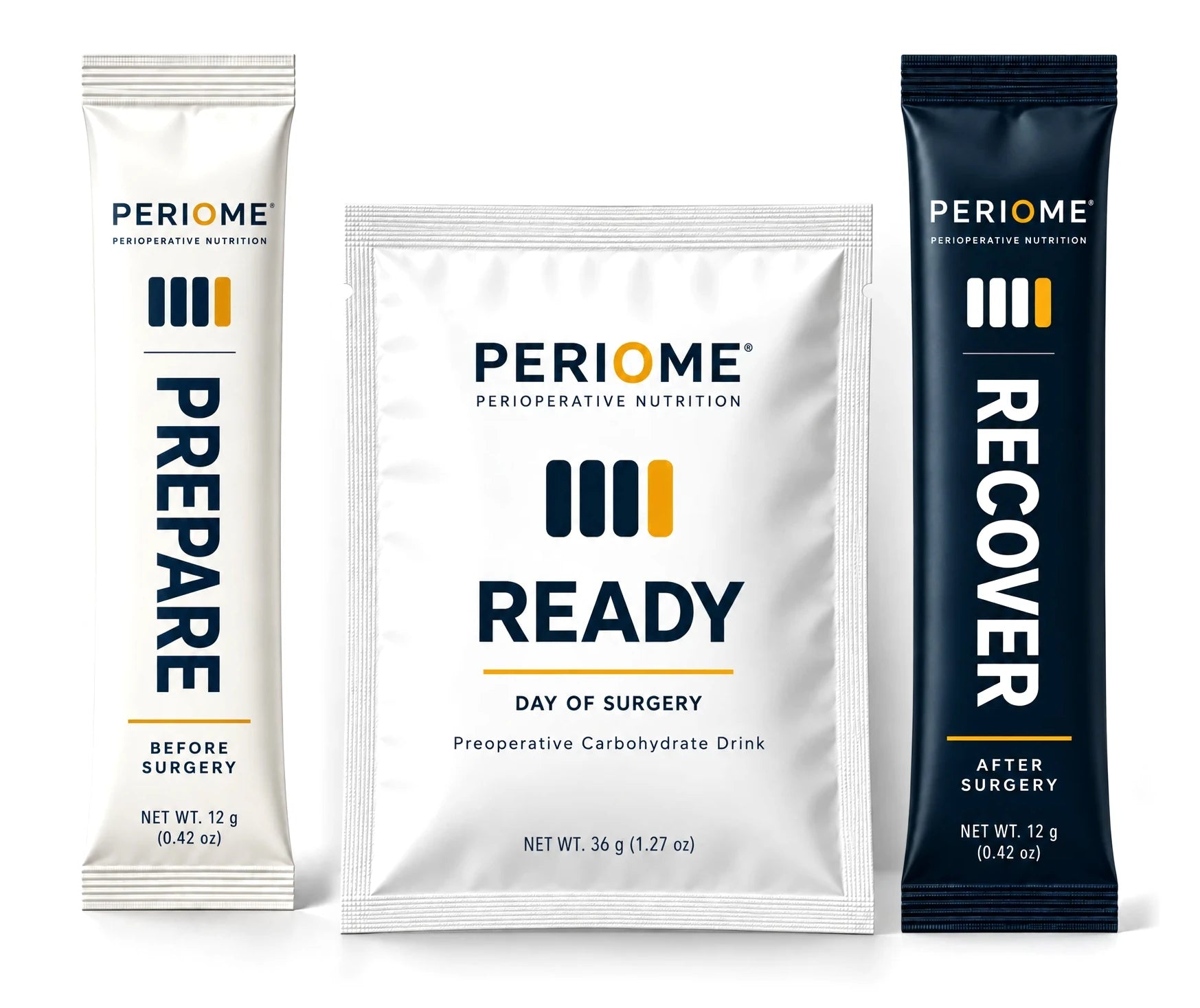 The PERIOME Protocol: PREPARE stick pack for before surgery, READY carbohydrate drink packet for the day of surgery, and RECOVER stick pack for after surgery.